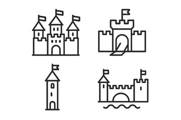 Fototapeta premium Medieval castle and fortress outline icons featuring various architectural details