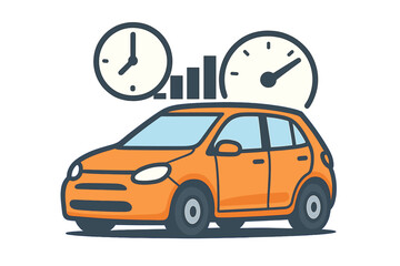 Naklejka premium Orange hatchback car displaying speed and time performance metrics