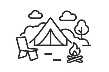 Outline of camping setup with tent chair and burning campfire