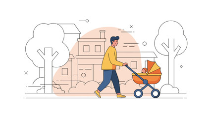 Young adult asian male strolling with baby in park with modern pram