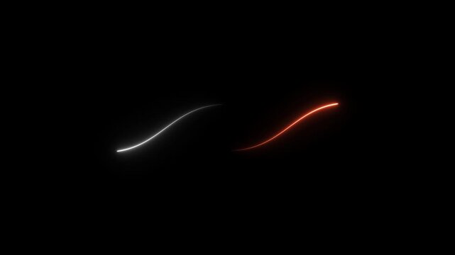 Abstract two neon curved lines pass in front of each other on black background. Moving and glowing neon lines animated.
