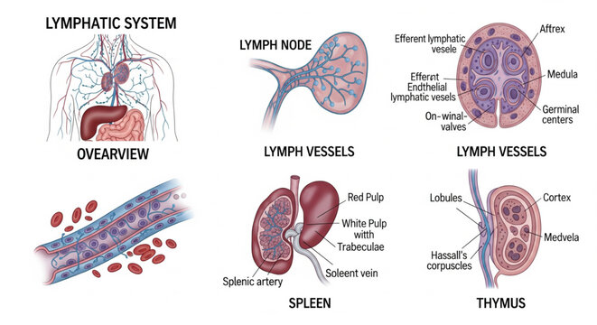 Detailed anatomical diagrams illustrating the human lymphatic system, including lymph nodes, spleen, and thymus structures.