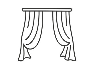Simple outline icon of open draped window curtains hanging from a rod