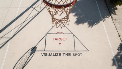 Basketball net and target with message on concrete court