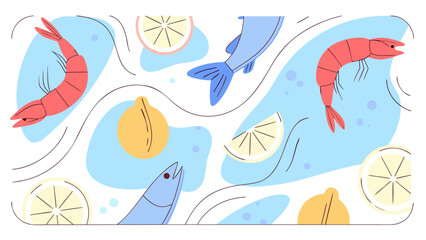 Colorful seafood illustration featuring shrimp and fish with lemon slices on a light blue background.
