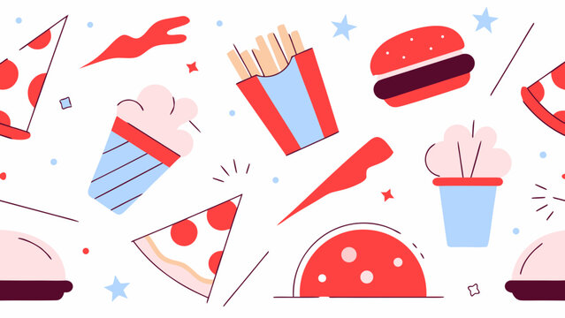 Colorful pattern featuring various delicious food items like pizza, burgers, and fries against a vibrant backdrop.