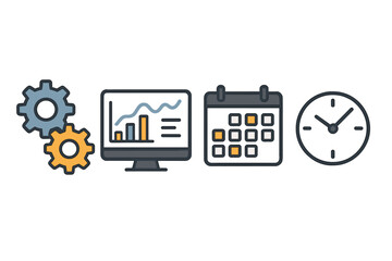 Business process management icons featuring gears analytics calendar and clock symbols
