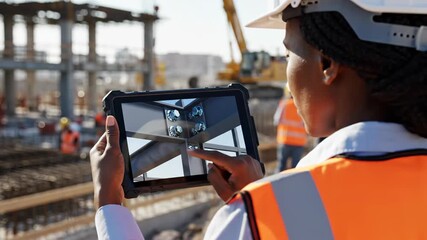 Woman engineer interacting with digital 3D building model on tablet at construction site. AR overlay visualization for smart infrastructure. IoT and AI integration in civil engineering process. video - Powered by Adobe