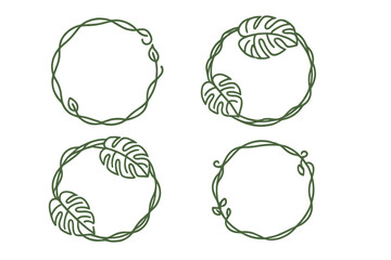 Four circular frames with intertwined vine and monstera leaf line art