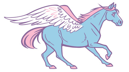 Fototapeta premium A whimsical blue winged horse with pink mane, trotting gracefully against a white background.