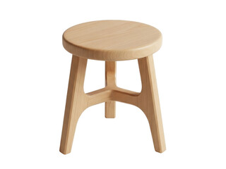Isolated round wood stool close-up, minimalist seat with triangular legs, furniture design.