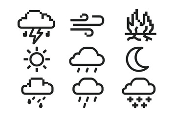 Nine black and white outline weather forecast icons for meteorology apps