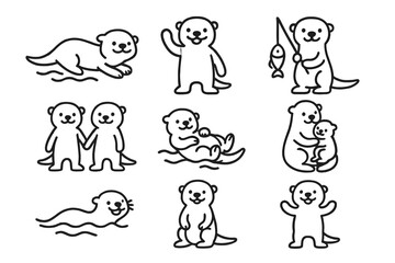 Fototapeta premium Charming set of cute otter icons showing various activities and family interactions