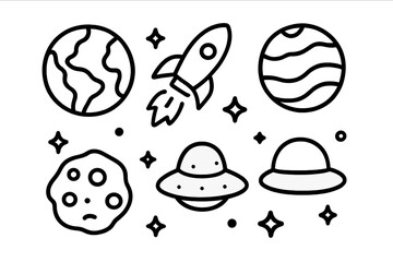 Set of simple outline icons for space objects like planets, rocket, asteroid, and flying saucers