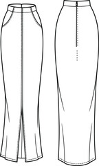 Slim-fit long skirt CAD flat sketch, high waist front slit design, side pockets, technical fashion drawing, sewing pattern template