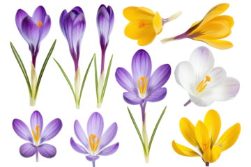 set of purple and yellow crocus flower parts isolated on white or transparent png