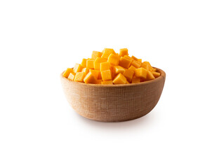 Pieces of butternut squash isolated on a white. Cubed pumpkin in a bowl.