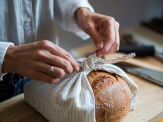 Foods donate program charity concept. Hand wrapping a loaf of artisan bread in a cloth for presentation.