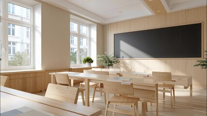 Empty, bright classroom featuring wooden desks, chairs, a large blackboard, with natural coming windows through tall light video 4k