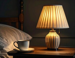 Lamp light, coffee cup on nightstand near a bed