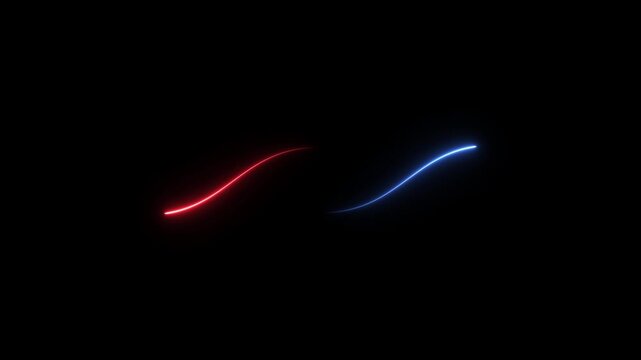Abstract two neon curved lines pass in front of each other on black background. Moving and glowing neon lines animated.