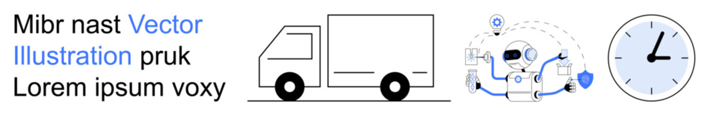 Logistics, delivery systems, automation, time management, supply chain, technology. A truck, automation symbols and a clock icon. Logistics and delivery systems concept