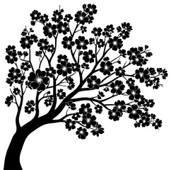 A black and white silhouette of a tree with flowers, black, flower, illustration, profile, tree, white, against transparent background