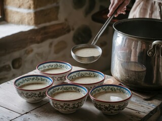 Foods donate program charity concept. Serving soup into traditional bowls on a rustic table setting.