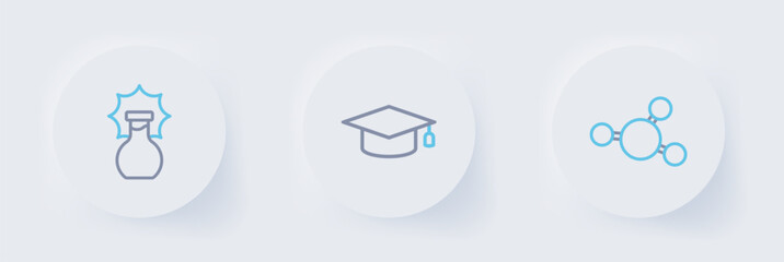 Set line Molecule, Graduation cap and Explosion in the flask icon. Vector