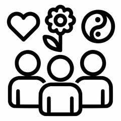 Line icon of a group with different icons above heads &mdash; inclusive community, black on white, square minimalist style