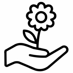Line icon of a hand offering a flower &mdash; peaceful gesture, black on white, square minimalist style