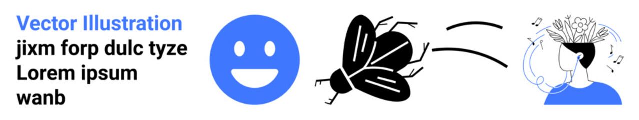 Fototapeta premium Creativity, communication, neuroscience, human thoughts, emotions, artistic concepts. happy face emotion, flying insect and human brain with music notes. Creativity and communication concepts