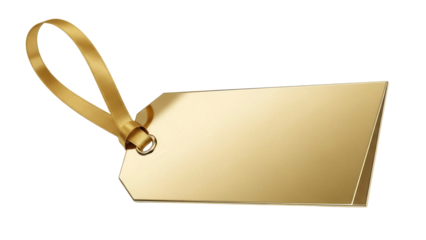 Elegant gold price tag PNG isolated on transparent background, shiny metallic label with ribbon for luxury branding and retail