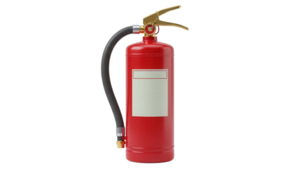 Red fire extinguisher PNG isolated on transparent background, safety equipment for fire protection and emergency response, firefighting tool