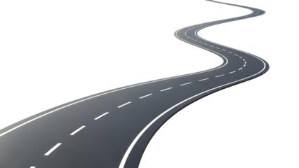 Stylized winding road with dashed white lines disappearing into the distance, representing a journey, progress, and forward-looking concepts.