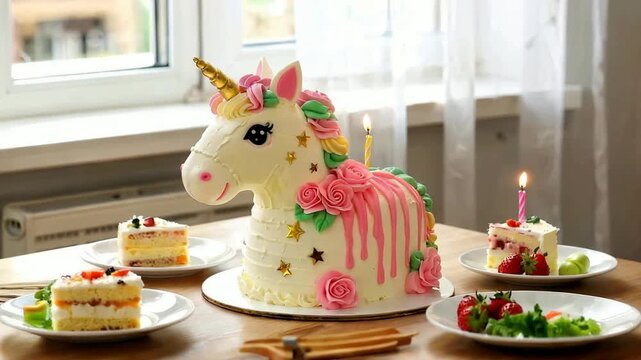 Magical Unicorn Cake Celebration with Slices and Candles.