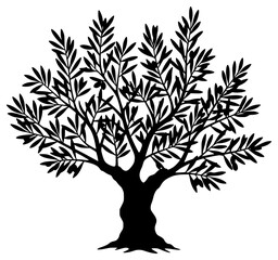 Obraz premium A black and white silhouette of a tree with leaves, black, branch, illustration, olive, olive tree, profile, tree, against transparent background