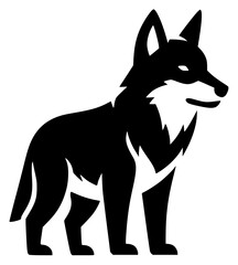 A black and white silhouette of a wolf standing upright, animal, black, dog, fox, husky, illustration, image, profile, stand, wolf, against transparent background © Alloca Design Studio