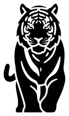 A black and white silhouette of a roaring tiger, animal, bengal tiger, black, illustration, logo, profile, tiger, against transparent background