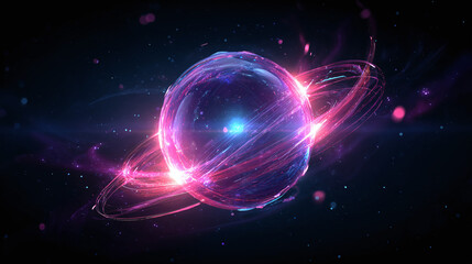 A mesmerizing depiction of an abstract celestial body within the vastness of space. The object is encircled by luminous rings and surrounded by dynamic energy fields.