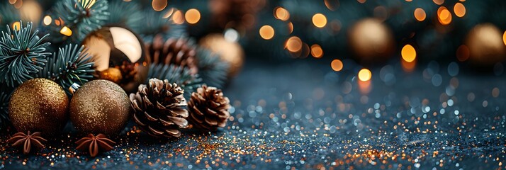 Panoramic Christmas Decoration with Pine Cones and Ornaments