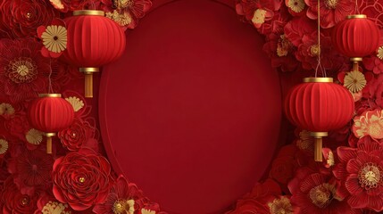 Vibrant red chinese new year celebration background with traditional lanterns and floral decorations