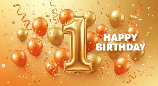 First birthday celebration with golden balloons and confetti - Powered by Adobe