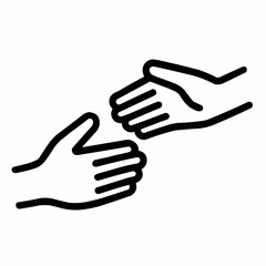 Line icon of two hands reaching toward each other, black on white, square minimalist style