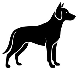 A black silhouette of a dog standing on a , beagle, black, doberman, dog, dog breed, illustration, image, pet, profile, stand, against transparent background