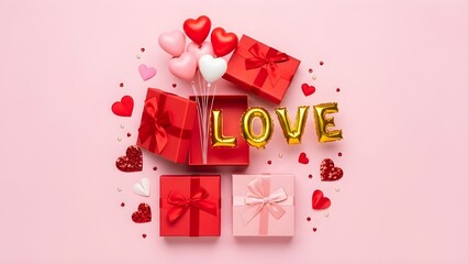 Romantic Gift Boxes and Heart Balloons with Gold LOVE Letters on Pink Background – Valentine’s Day Concept