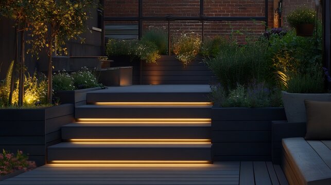 Outdoor step lighting a wooden deck illuminating each step with a subtle glow surrounded by planters with soft accent lighting creating a welcoming pathway to the garden