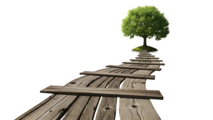 Wooden walkway leading to a lush green tree on a small island against a white background