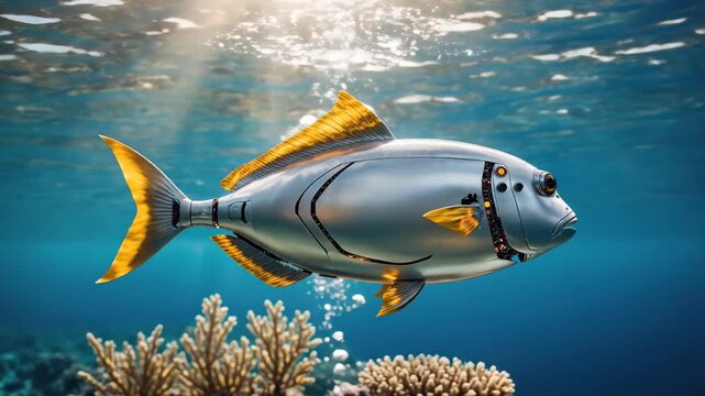 Animated Fish with Camera Eye Swimming Near Coral Reef in Clear Ocean Water
