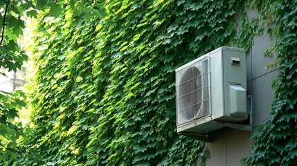 Outdoor unit of split air conditioner mounted on the exterior wall of a house with greenery surrounding it operating efficiently on a bright summer day